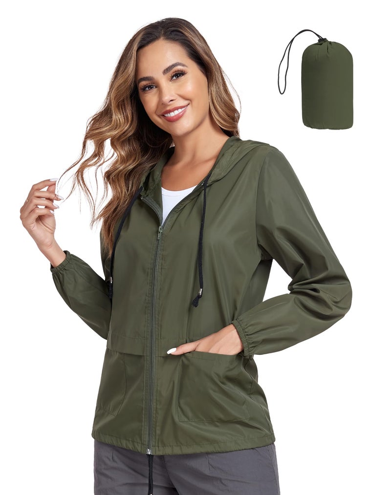 JTANIB Womens Raincoat Windbreaker Waterproof Lightweight Packable Hooded Rain Jacket Army Green X-Large